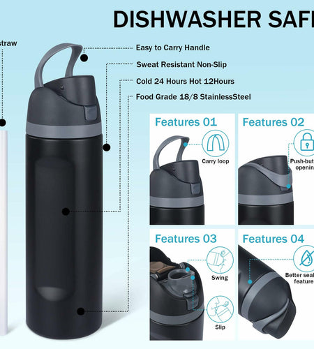 Sports Water Bottle 1L Leakproof Portable Black Gym Outdoor Travel