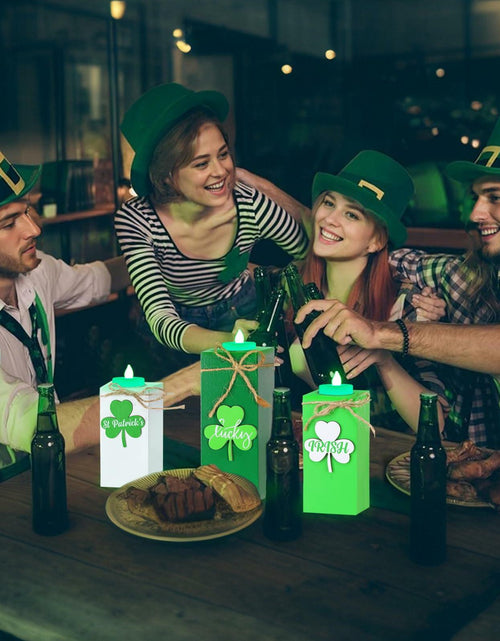 Load image into Gallery viewer, 3 Pack St. Patrick's Day Flameless Tea Light Candles Shamrock Design Green
