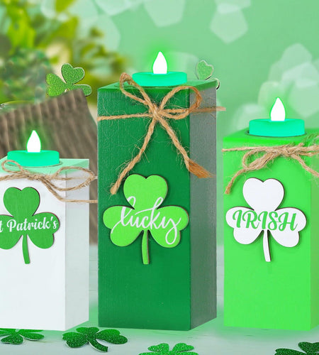 3 Pack St. Patrick's Day Flameless Tea Light Candles Shamrock Design Green