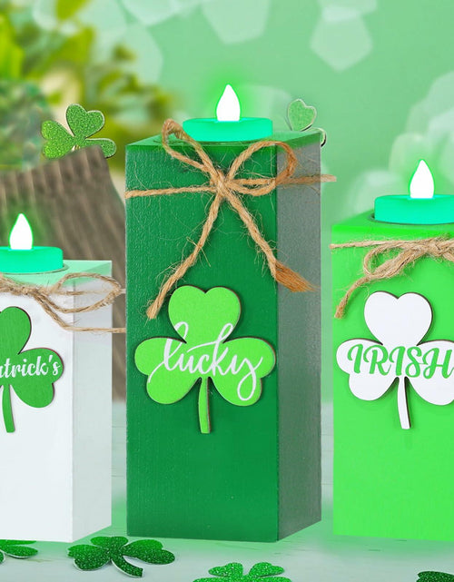 Load image into Gallery viewer, 3 Pack St. Patrick's Day Flameless Tea Light Candles Shamrock Design Green
