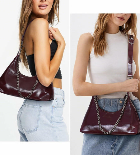 JQWSVE Crescent Shoulder Bag Women Glossy Leather Crossbody Black