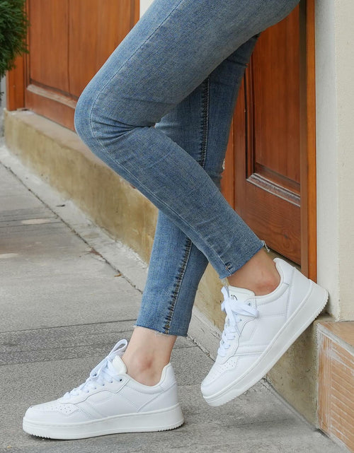 Load image into Gallery viewer, JABASIC Women Genuine Leather Platform Sneakers Lace-Up White/Fuchsia Size 7
