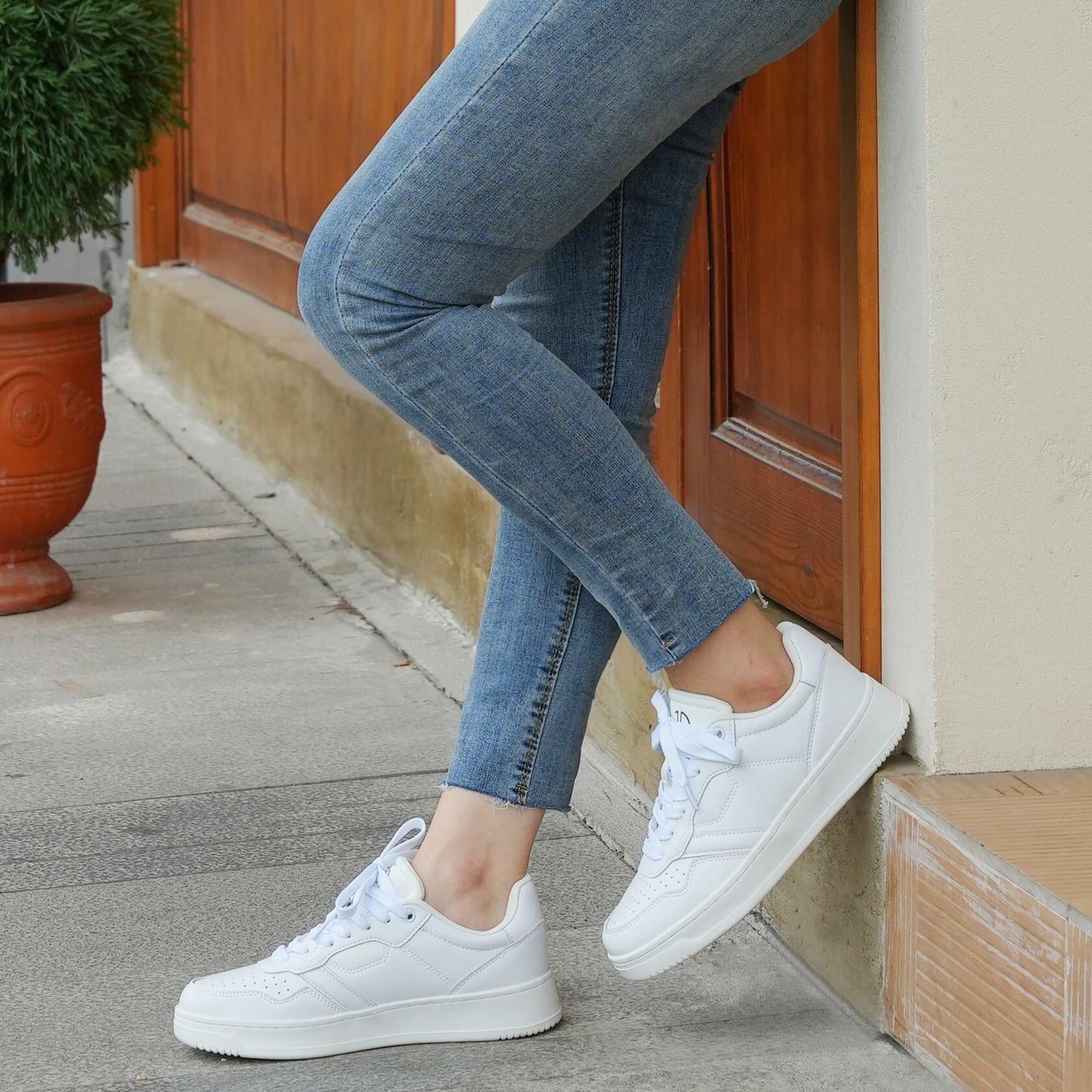 JABASIC Women Genuine Leather Platform Sneakers Lace-Up White/Fuchsia Size 7