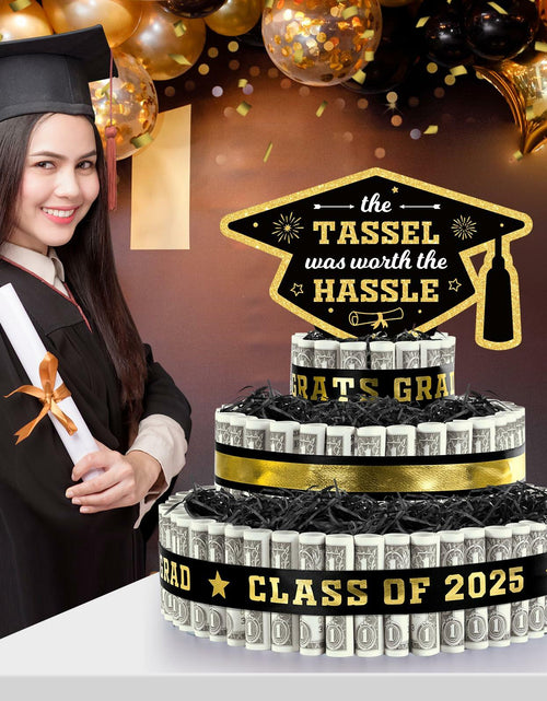 Load image into Gallery viewer, 3 Tier Black Gold Graduation Cap Cake Party Decor Gifts Class of 2025
