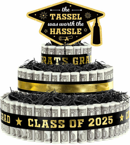 3 Tier Black Gold Graduation Cap Cake Party Decor Gifts Class of 2025