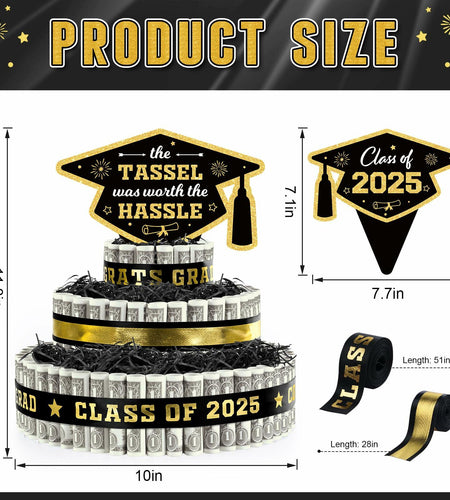 3 Tier Black Gold Graduation Cap Cake Party Decor Gifts Class of 2025