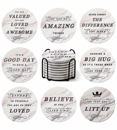 White Elephant Marble Ceramic Drink Coasters Set of 8 with Holder