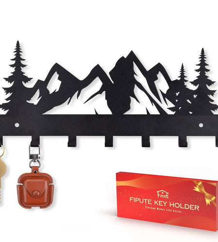 FIPUTE Metal Wall Key Holder with 7 Hooks Black Organizer Rack