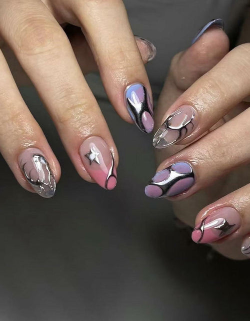 Load image into Gallery viewer, Summer Press On Nails Medium Almond Nude Pink Silver Star Rhinestones 24 Pc
