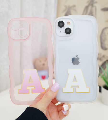 Hasoncase iPhone 13 Case Personalized Initials Curly Wave TPU Clear Pink 6.1"