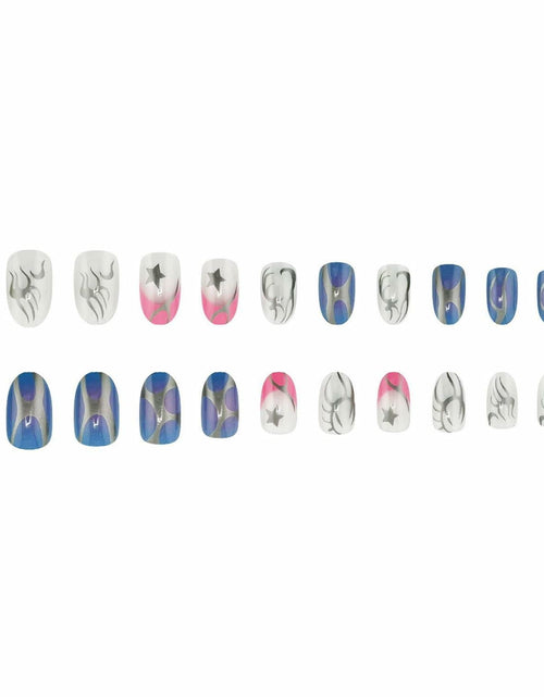 Load image into Gallery viewer, Summer Press On Nails Medium Almond Nude Pink Silver Star Rhinestones 24 Pc
