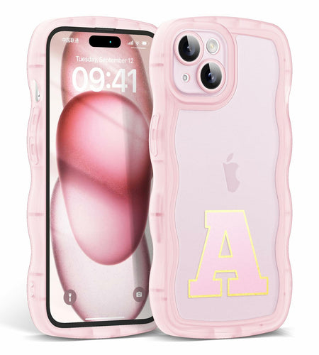 Hasoncase iPhone 13 Case Personalized Initials Curly Wave TPU Clear Pink 6.1"