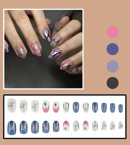 Summer Press On Nails Medium Almond Nude Pink Silver Star Rhinestones 24 Pc