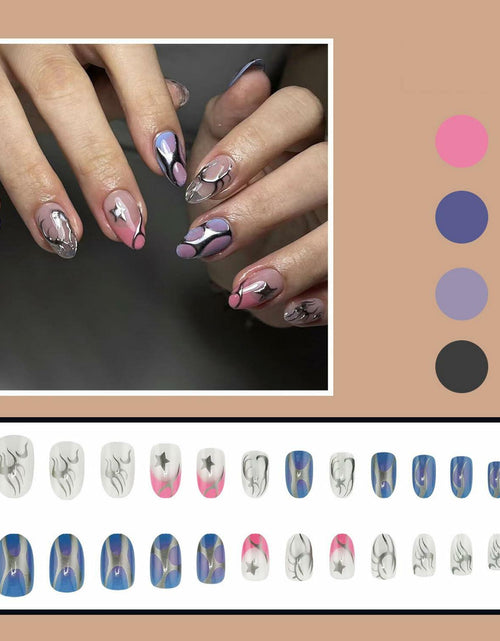 Load image into Gallery viewer, Summer Press On Nails Medium Almond Nude Pink Silver Star Rhinestones 24 Pc
