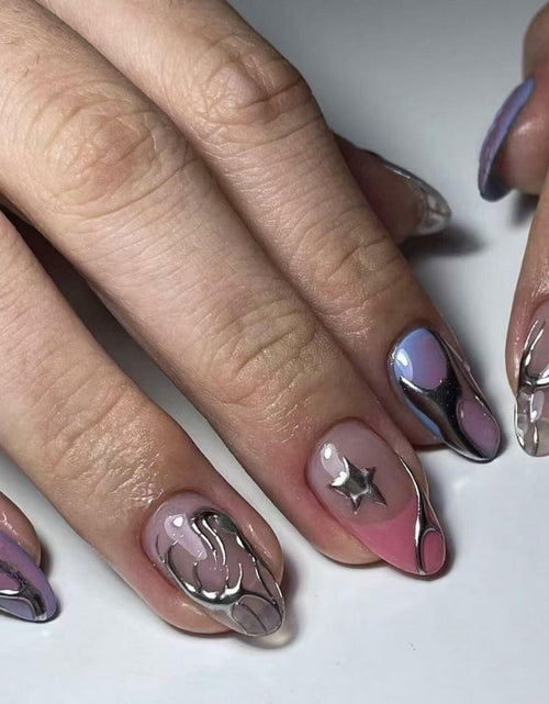 Load image into Gallery viewer, Summer Press On Nails Medium Almond Nude Pink Silver Star Rhinestones 24 Pc
