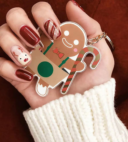 Christmas Acrylic Press On Nails Short Square Red Full Cover Cute Elk Glitter