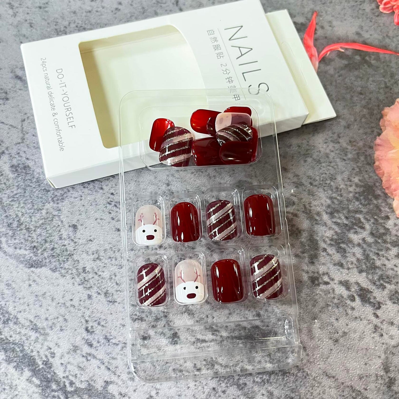 Christmas Acrylic Press On Nails Short Square Red Full Cover Cute Elk Glitter