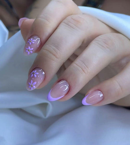 Press On Nails Purple Flower Design Fake Nail Art Manicure 30 Pcs