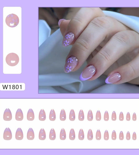 Press On Nails Purple Flower Design Fake Nail Art Manicure 30 Pcs