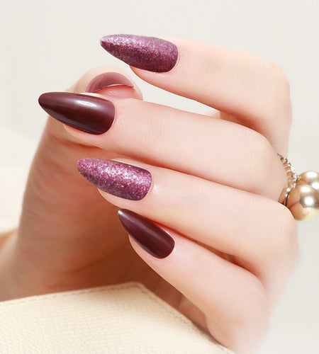 Yersunsy 24Pcs Almond Long Press On Nails Glitter Bling Wine Red