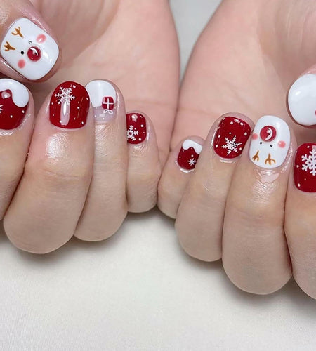 24 Pcs Christmas Press On Nails Short Square Red Acrylic False Nails
