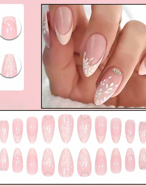 Load image into Gallery viewer, RUOKEXIN Pink Press On Nails Medium Almond French White Tip Glitter Leaves
