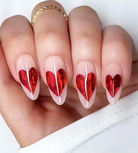 Valentine's Day Press On Nails Red French Tip Heart Design 24PCS Medium Size