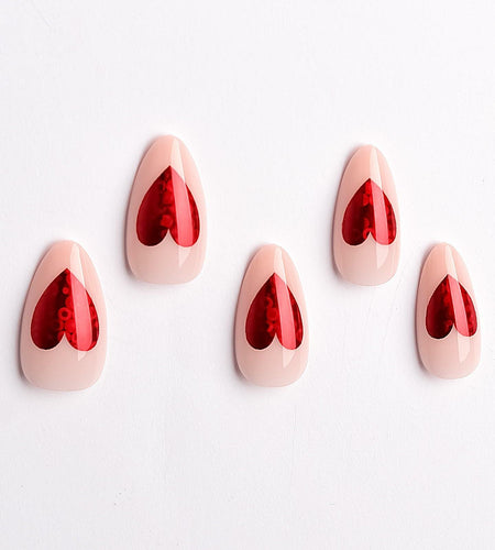 Valentine's Day Press On Nails Red French Tip Heart Design 24PCS Medium Size