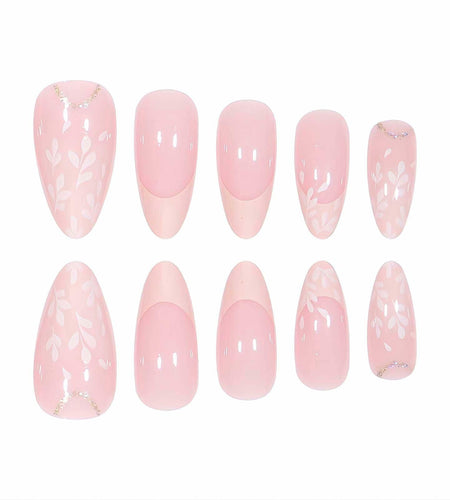 RUOKEXIN Pink Press On Nails Medium Almond French White Tip Glitter Leaves
