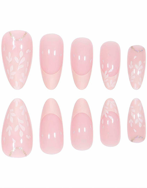 Load image into Gallery viewer, RUOKEXIN Pink Press On Nails Medium Almond French White Tip Glitter Leaves
