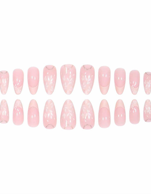Load image into Gallery viewer, RUOKEXIN Pink Press On Nails Medium Almond French White Tip Glitter Leaves
