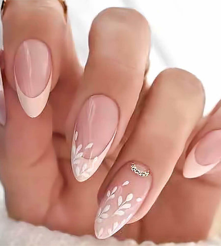 RUOKEXIN Pink Press On Nails Medium Almond French White Tip Glitter Leaves