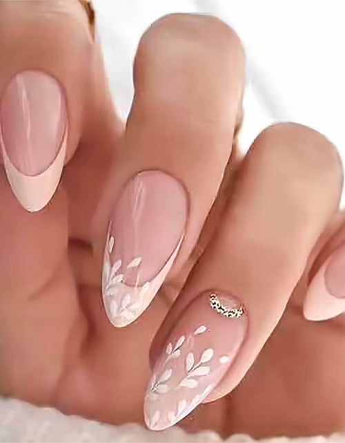 Load image into Gallery viewer, RUOKEXIN Pink Press On Nails Medium Almond French White Tip Glitter Leaves
