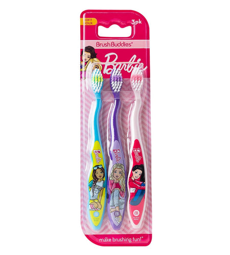 Brush Buddies Barbie Kids Toothbrush 3 Pack Soft Bristle Multi-Colored