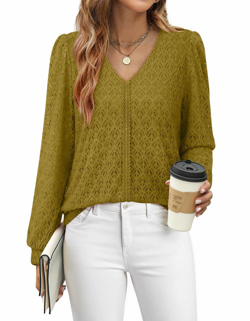 Load image into Gallery viewer, Timeson Women's Lace Knit V Neck Long Sleeve Shirt Green Size XL
