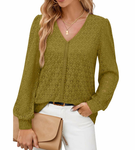 Timeson Women's Lace Knit V Neck Long Sleeve Shirt Green Size XL