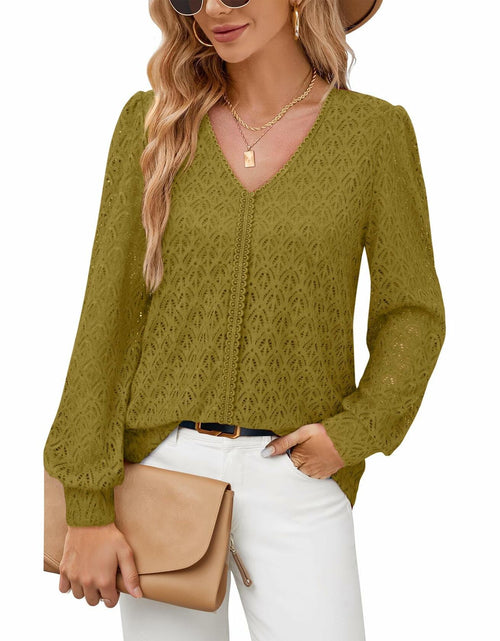 Load image into Gallery viewer, Timeson Women's Lace Knit V Neck Long Sleeve Shirt Green Size XL
