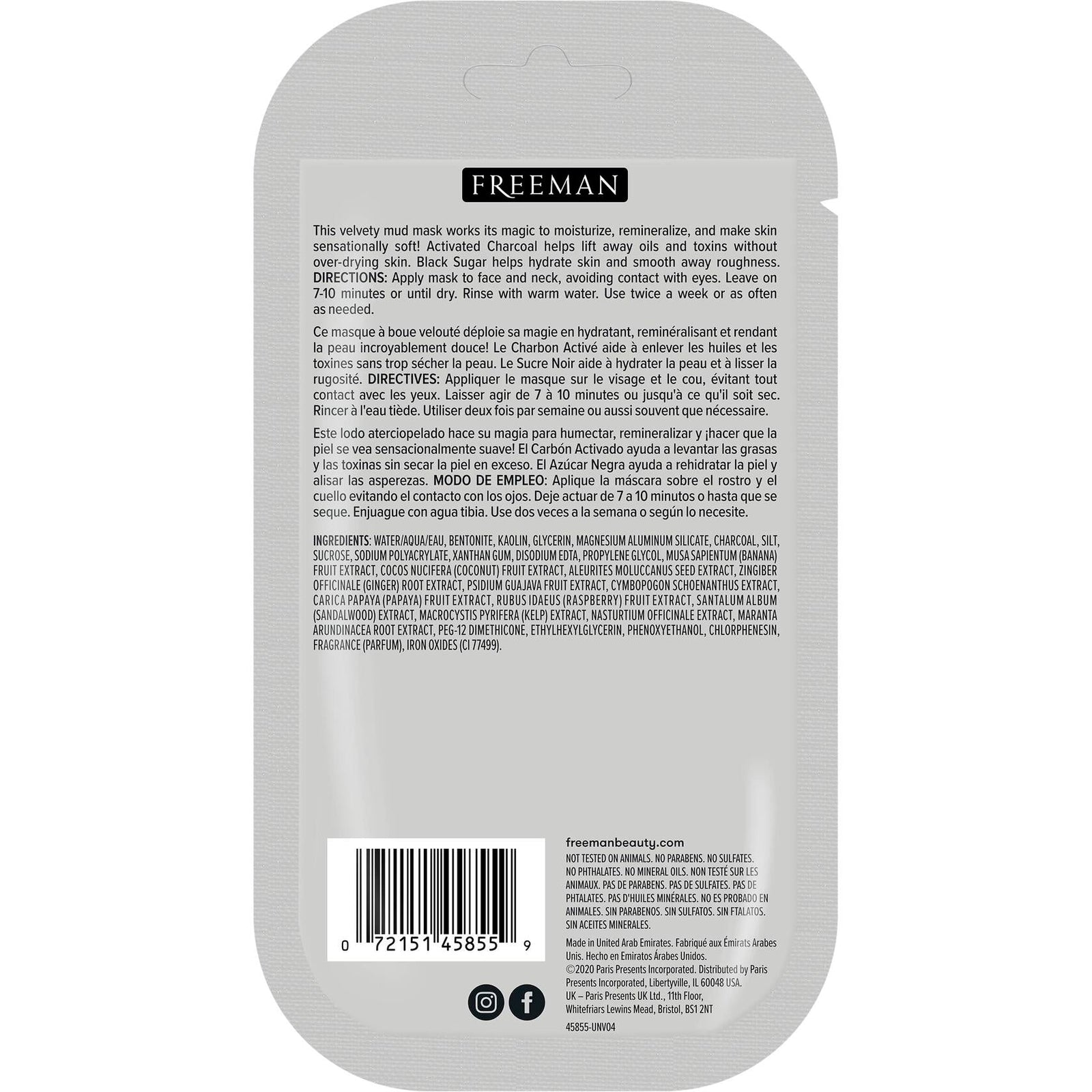 FREEMAN Charcoal & Black Sugar Mud Mask Detoxifying Facial Treatment 0.5oz