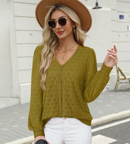 Timeson Women's Lace Knit V Neck Long Sleeve Shirt Green Size XL