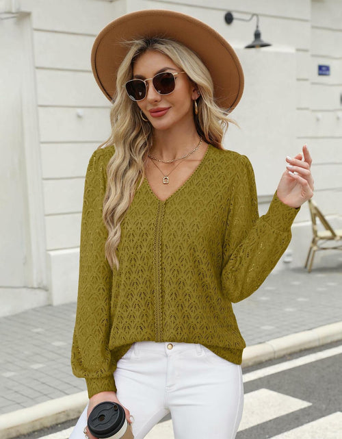 Load image into Gallery viewer, Timeson Women's Lace Knit V Neck Long Sleeve Shirt Green Size XL
