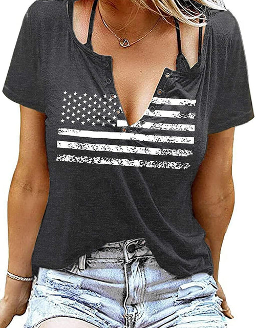 Load image into Gallery viewer, Womens Patriotic V Neck T Shirt American Flag Graphic Dark Gray Size XL
