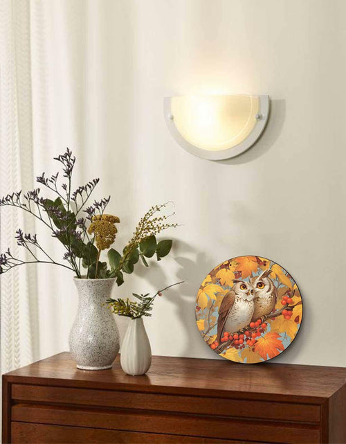 Load image into Gallery viewer, Amoxx Wooden Door Sign Owl Fall Wreath 10in Amber Orange Maple Leaves
