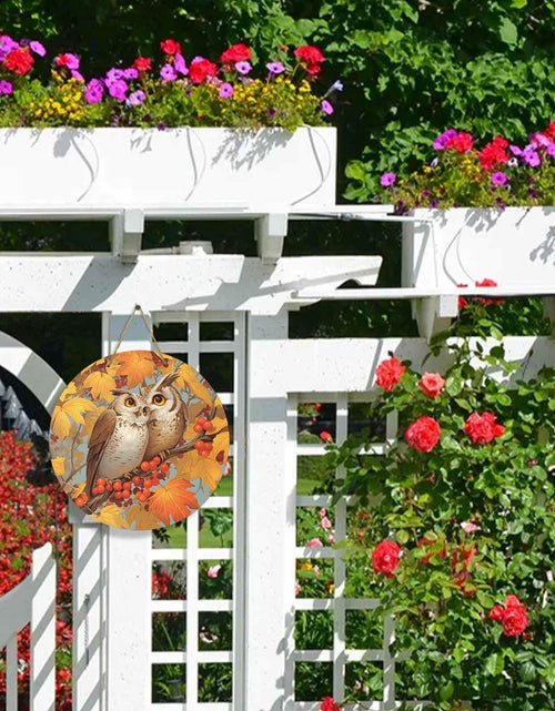 Load image into Gallery viewer, Amoxx Wooden Door Sign Owl Fall Wreath 10in Amber Orange Maple Leaves
