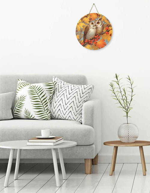 Load image into Gallery viewer, Amoxx Wooden Door Sign Owl Fall Wreath 10in Amber Orange Maple Leaves
