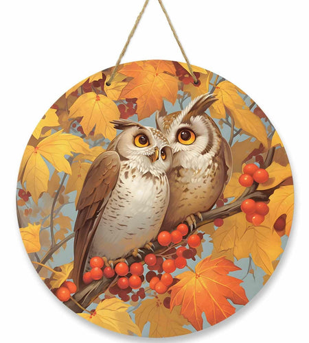 Amoxx Wooden Door Sign Owl Fall Wreath 10in Amber Orange Maple Leaves
