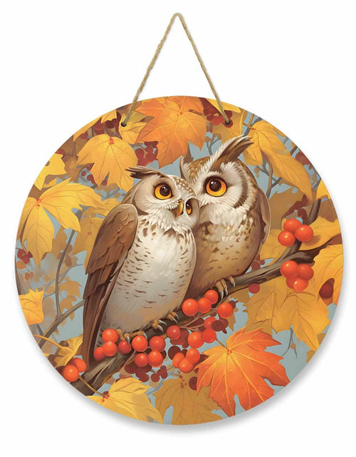 Load image into Gallery viewer, Amoxx Wooden Door Sign Owl Fall Wreath 10in Amber Orange Maple Leaves
