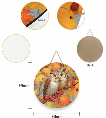 Amoxx Wooden Door Sign Owl Fall Wreath 10in Amber Orange Maple Leaves