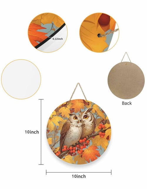 Load image into Gallery viewer, Amoxx Wooden Door Sign Owl Fall Wreath 10in Amber Orange Maple Leaves
