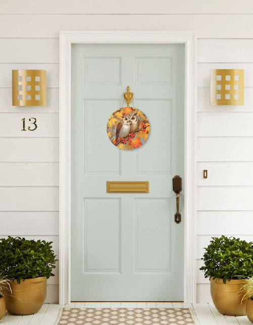 Load image into Gallery viewer, Amoxx Wooden Door Sign Owl Fall Wreath 10in Amber Orange Maple Leaves

