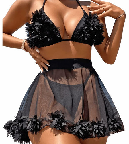OYOANGLE Women's 3-Piece Halter Triangle Bikini Swimsuit Mesh Skirt Black M